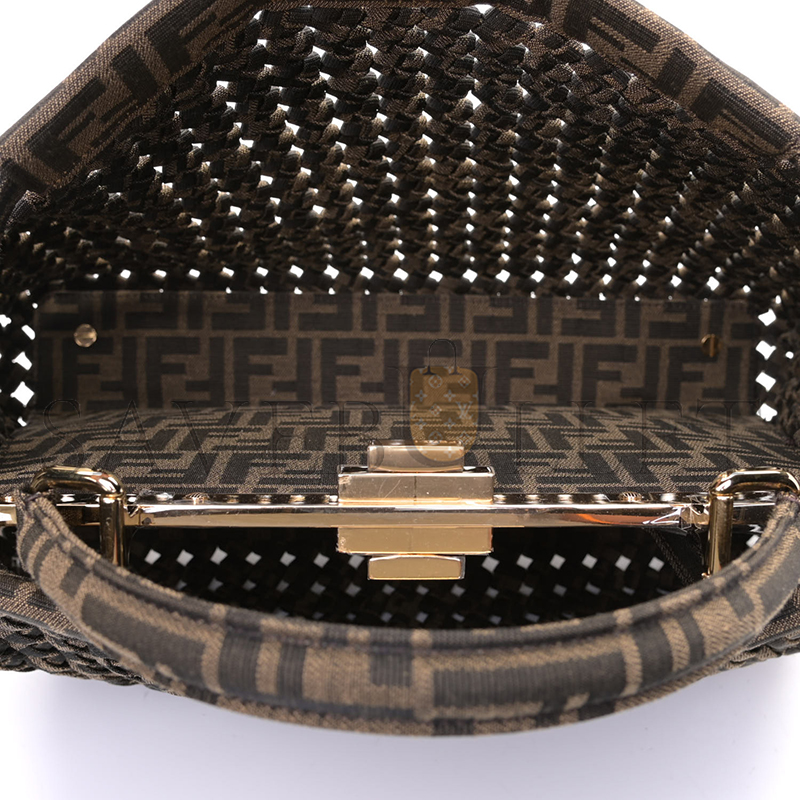 F**di fabric jacquard ff 1974 woven knotted medium peekaboo iconic satchel tobacco moro (34*25*13cm)